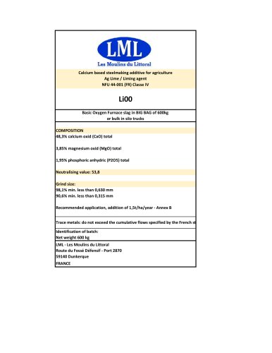 BOF slag Ag Lime Label based on NFU 44001 FR standard