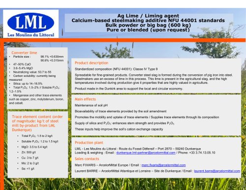 Product datasheet Liming agent LML Dunkerque based on NFU44001 