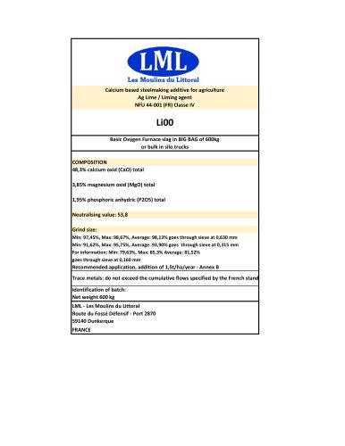 Product label: Aglime / Agri slag / Converter slag for agriculture processed in respect with NFU 44001 (French norm)