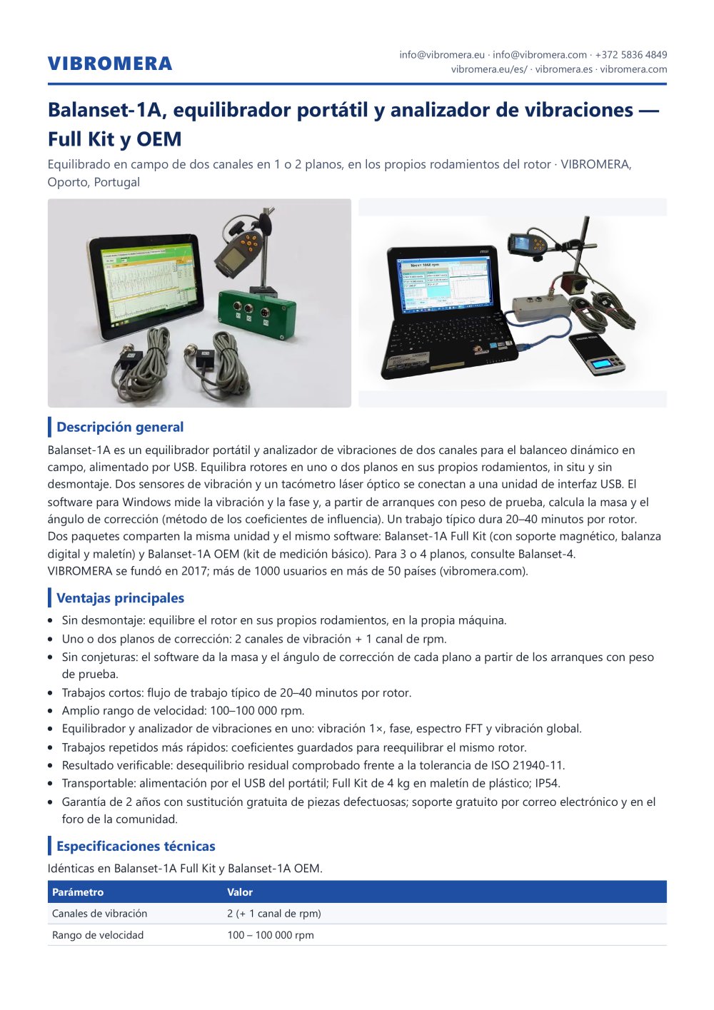 Balanset-1A, equilibrador port&aacute;til y analizador de vibraciones &mdash; Full Kit y OEM - VIBRO