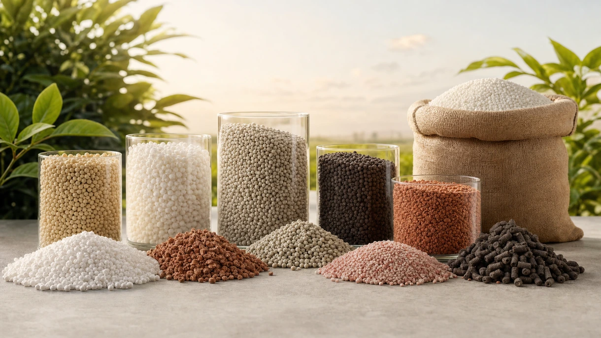 Trator de grande escala com espalhador traseiro a aplicar grânulos de fertilizante mineral num campo de trigo verde na primavera.