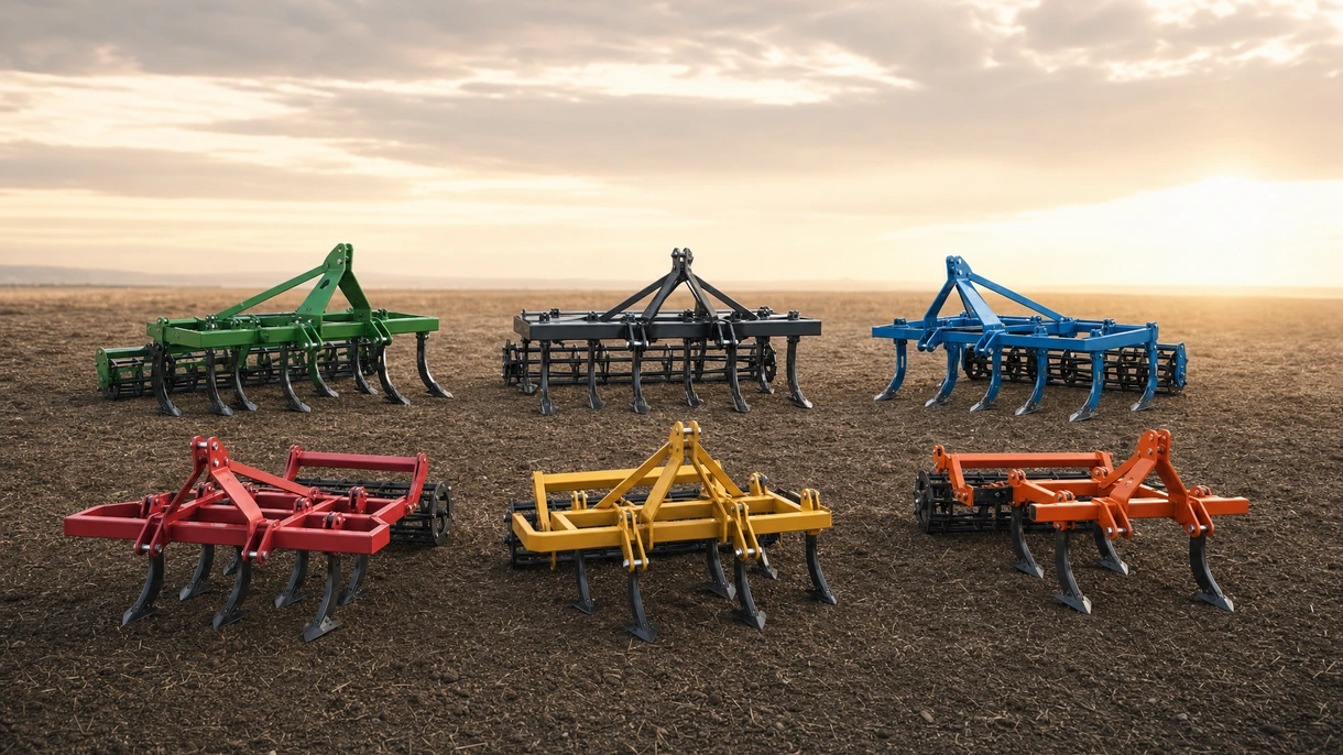 Arado escarificador profissional de elevado vão livre a realizar mobilização primária profunda num campo agrícola europeu de grandes dimensões durante o outono.
