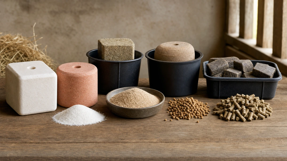 Gado bovino a consumir suplementos minerais resistentes às intempéries num comedouro de polietileno de alta resistência num contexto de gestão profissional de pastagens.