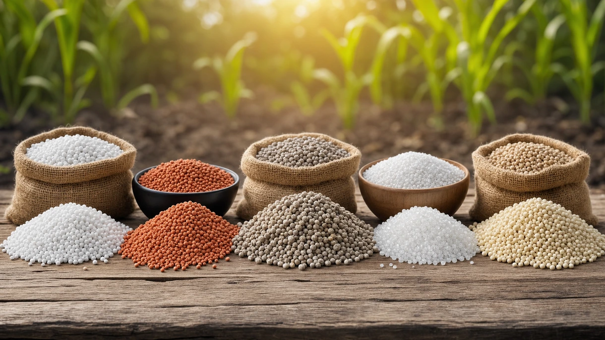 Espalhador centrífugo a aplicar fertilizante granulado uniforme num campo de trigo de grandes dimensões durante uma manhã límpida de primavera.