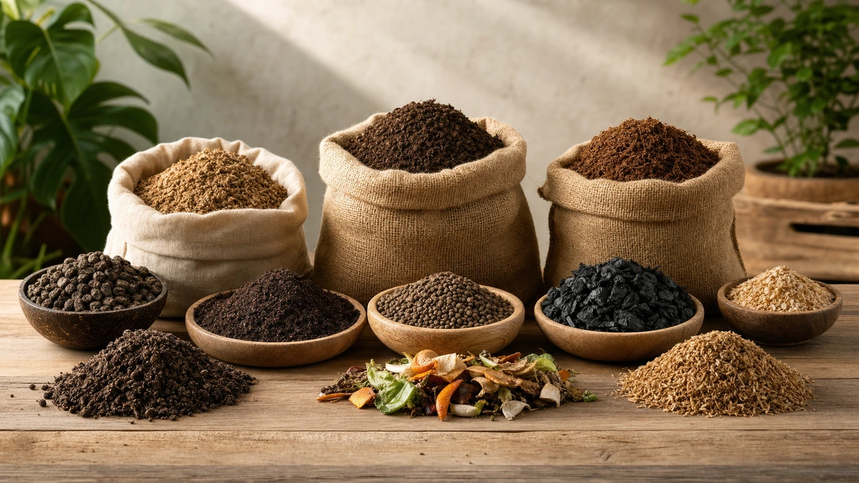 Espalhador pneumático profissional a aplicar fertilizante orgânico granulado num campo de cereais comercial durante o início da primavera.