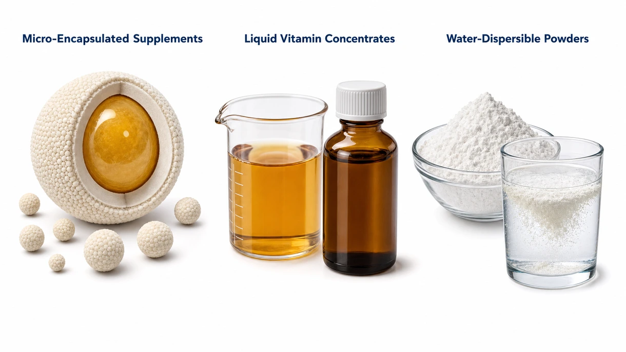 Fotografia macro que mostra partículas microencapsuladas uniformes de um suplemento vitamínico de elevada estabilidade para nutrição agrícola de precisão.