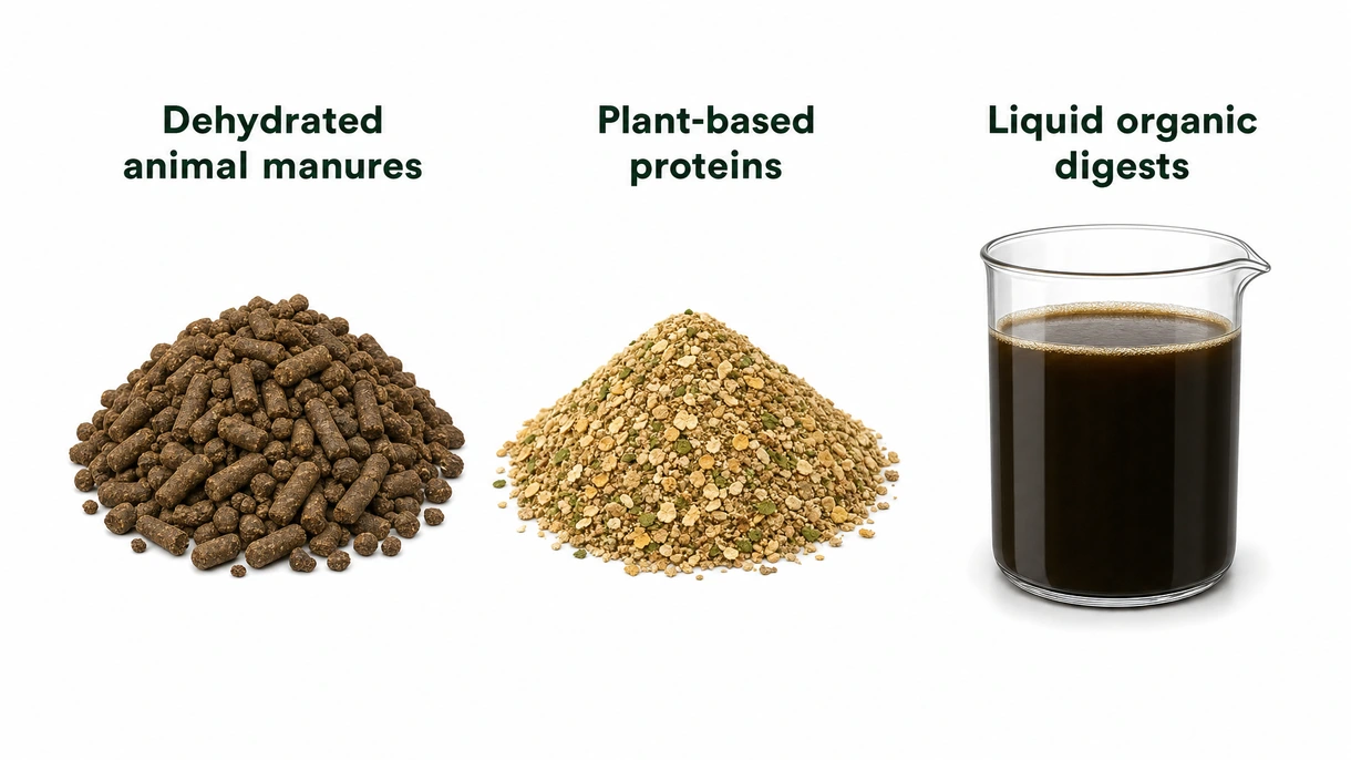 Grande plano de pellets de fertilizante orgânico uniformes, apresentando a textura consistente necessária para a distribuição mecânica agrícola de precisão.