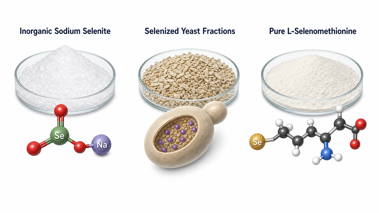 Vista microscópica de partículas de levedura selenizada mostrando uma estrutura esférica uniforme para uma capacidade de mistura ideal em alimentos para gado e pré-misturas minerais.